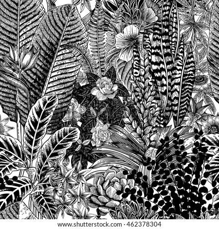 Vector seamless vintage pattern. Exotic flowers and plants. Botanical classic illustration. Vector seamless vintage pattern. Exotic flowers and plants. Botanical classic illustration.