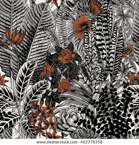 Vector seamless vintage pattern. Exotic flowers and plants. Botanical classic illustration. Vector seamless vintage pattern. Exotic flowers and plants. Botanical classic illustration.