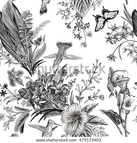 Vector seamless vintage floral pattern. Exotic flowers and birds. Botanical classic illustration. Black and white Vector seamless vintage floral pattern. Exotic flowers and birds. Botanical classic illustration. Black and white