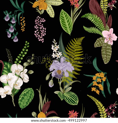 Vector seamless vintage floral pattern. Exotic orchid and leaf. Botanical classic illustration. Vivid color Vector seamless vintage floral pattern. Exotic orchid and leaf. Botanical classic illustration. Vivid color