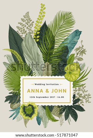 Vector vintage card. Wedding invitation. Botanical illustration. Tropical leaves. Vector vintage card. Wedding invitation. Botanical illustration. Tropical leaves.