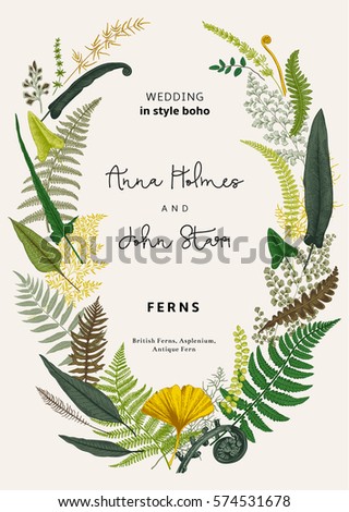 The wreath of ferns leaves. Wedding invitation in the style of boho. Vector botanical vintage illustration. Colorful The wreath of ferns leaves. Wedding invitation in the style of boho. Vector botanical vintage illustration. Colorful