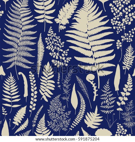 Seamless pattern. Ferns. Vintage vector botanical illustration. Blue Seamless pattern. Ferns. Vintage vector botanical illustration. Blue