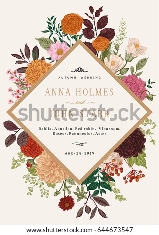 Wedding invitation. Summer and autumn flowers. Dahlias, Ruscus, Viburnum, Ranunculus. Modern floristics. Vector illustration. Colorful. Wedding invitation. Summer and autumn flowers. Dahlias, Ruscus, Viburnum, Ranunculus. Modern floristics. Vector illustration. Colorful.