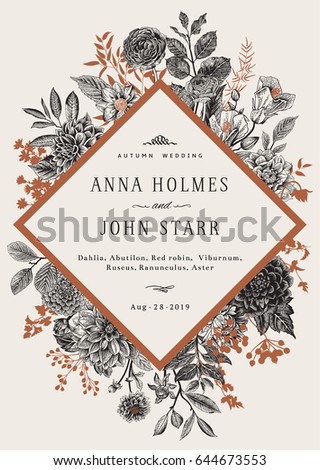 Wedding invitation. Black and white autumn flowers. Dahlias, Ruscus, Viburnum, Ranunculus. Modern floristics. Vector illustration. Wedding invitation. Black and white autumn flowers. Dahlias, Ruscus, Viburnum, Ranunculus. Modern floristics. Vector illustration.