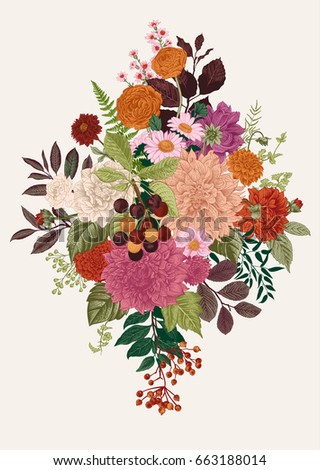 Summer and autumn bouquet. Dahlias, Ruscus, Viburnum, Ranunculus, cherry. Modern floristics. Vector illustration. Colorful Summer and autumn bouquet. Dahlias, Ruscus, Viburnum, Ranunculus, cherry. Modern floristics. Vector illustration. Colorful