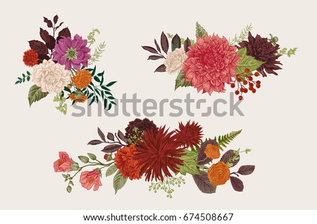 Summer and autumn set floral bouquets. Dahlias, Ruscus, Viburnum, Ranunculus. Modern floristics. Vector illustration. Colorful Summer and autumn set floral bouquets. Dahlias, Ruscus, Viburnum, Ranunculus. Modern floristics. Vector illustration. Colorful