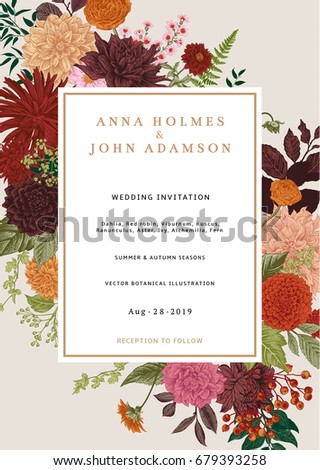 Wedding invitation. Summer and autumn flowers. Dahlias, Ruscus, Viburnum, Ranunculus. Modern floristics. Vector illustration. Colorful Wedding invitation. Summer and autumn flowers. Dahlias, Ruscus, Viburnum, Ranunculus. Modern floristics. Vector illustration. Colorful