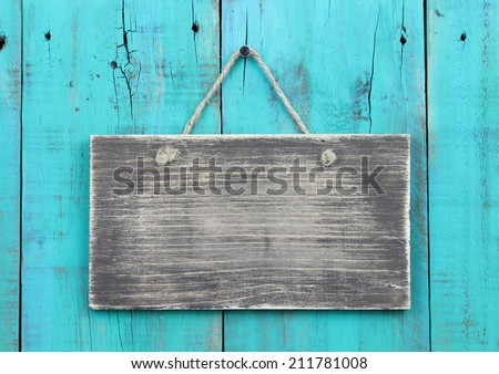 sign background Blank  hanging  blue rustic  sign on vector antique teal wooden wood rustic