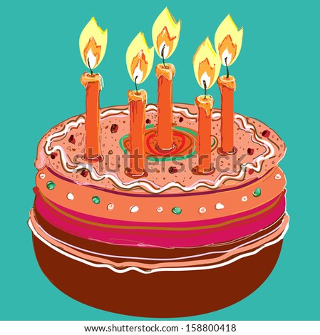 Cake with candles. Vector illustration on a green background. - stock 