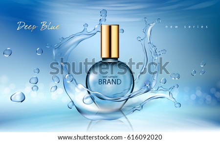 Vector illustration of a realistic style perfume in a glass bottle on a blue background with water splash. Great advertising poster for promoting a new fragrance Vector illustration of a realistic style perfume in a glass bottle on a blue background with water splash. Great advertising poster for promoting a new fragrance
