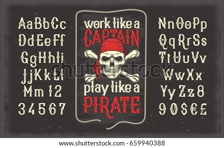 Vector illustration of a white vintage font, the Latin alphabet with retro pirate print with skull and crossbones. Template, design element Vector illustration of a white vintage font, the Latin alphabet with retro pirate print with skull and crossbones. Template, design element