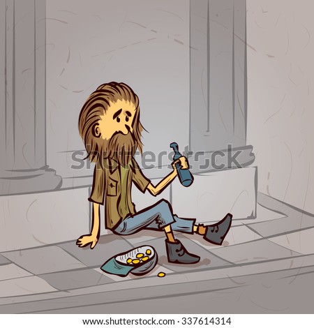 Homeless man. Hand drawn cartoon vector illustration. - stock vector