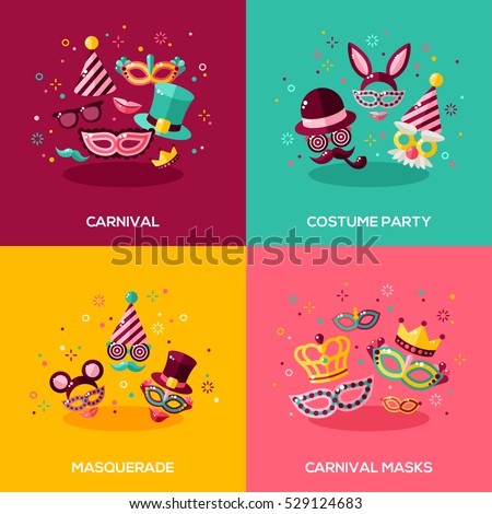 Flat design vector illustration concepts of carnival, photo booth party, funfair or masquerade ball. Square banners with mask, hat, smiling lips and confetti. Flat design vector illustration concepts of carnival, photo booth party, funfair or masquerade ball. Square banners with mask, hat, smiling lips and confetti.