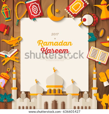 Ramadan Kareem concept banner with flat sticker icons and white square frame. Vector illustration. Eid Mubarak. Quran, Traditional Lanterns, Dates, Iftar food, Muslim mosque Ramadan Kareem concept banner with flat sticker icons and white square frame. Vector illustration. Eid Mubarak. Quran, Traditional Lanterns, Dates, Iftar food, Muslim mosque