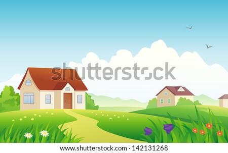 Cartoon Spring Village Vector Illustration Stock Vector ...