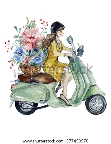 http://thumb1.shutterstock.com/display_pic_with_logo/165887024/577453570/stock-photo-vespa-and-girl-with-bouquet-of-flowers-hand-drawn-watercolor-illustration-577453570.jpg