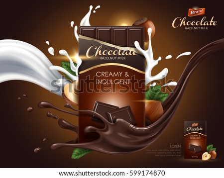 hazelnut chocolate ad with milk and cocoa flow elements, brown background, 3d illustration hazelnut chocolate ad with milk and cocoa flow elements, brown background, 3d illustration