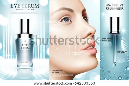 eye serum contained in cosmetic bottles and model face, 3d illustration eye serum contained in cosmetic bottles and model face, 3d illustration