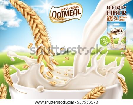 instant oatmeal ad, with milk and oat close up, open field background, 3d illustration instant oatmeal ad, with milk and oat close up, open field background, 3d illustration