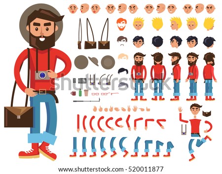 Man constructor. Man with photograph and bag. Separate part of male person. Icons with different emotions on face. Various types of faces. Front, side, back view of man. Bended hands, legs. Vector Man constructor. Man with photograph and bag. Separate part of male person. Icons with different emotions on face. Various types of faces. Front, side, back view of man. Bended hands, legs. Vector