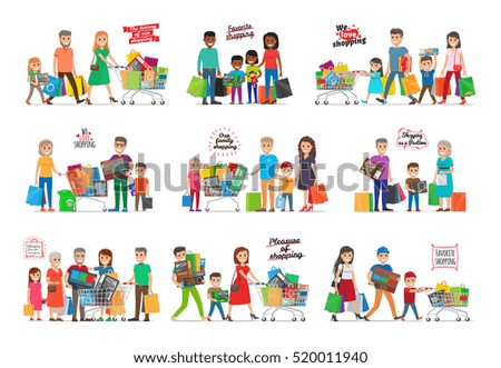 Collection of icons with family shopping. The history of our shopping. Favorite shopping. Pleasure of shopping. Shopping as pastime. Families gathered together with carts and goods inside. Vector Collection of icons with family shopping. The history of our shopping. Favorite shopping. Pleasure of shopping. Shopping as pastime. Families gathered together with carts and goods inside. Vector