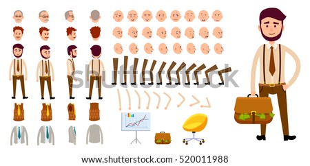 Businessman character creation set. Man with bag of money. Icons with different types of faces, emotions, clothes. Front, side, back view of male person. Moving arms, legs. Chair. Board. Vector Businessman character creation set. Man with bag of money. Icons with different types of faces, emotions, clothes. Front, side, back view of male person. Moving arms, legs. Chair. Board. Vector