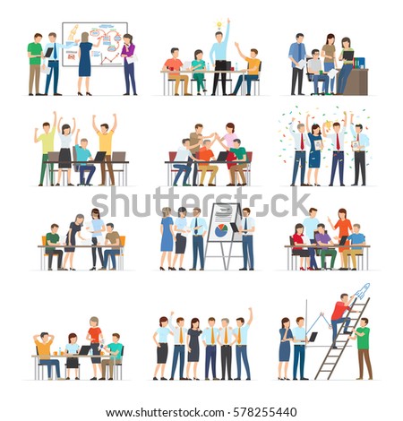 Office workers collaboration collection on white. Co working people discussing ideas. Vector illustration of business meeting, teamwork, collaboration and discussion, conference table, brainstorm. Office workers collaboration collection on white. Co working people discussing ideas. Vector illustration of business meeting, teamwork, collaboration and discussion, conference table, brainstorm.