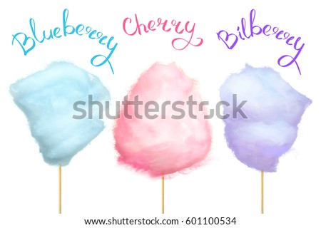 Blueberry, cherry and bilberry cotton candy of blue, pink and purple colors isolated on white background with signs. Summer snack in parks. Delicious and sweet street food vector illustration. Blueberry, cherry and bilberry cotton candy of blue, pink and purple colors isolated on white background with signs. Summer snack in parks. Delicious and sweet street food vector illustration.