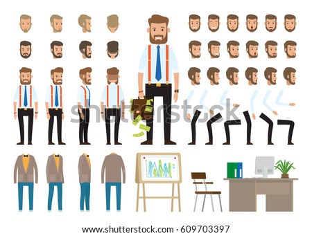 Business style create your character vector poster on white. Banner of male worker full length portraits, face emotions, skin colors and types, hair styles, suits, board with charts and workplace Business style create your character vector poster on white. Banner of male worker full length portraits, face emotions, skin colors and types, hair styles, suits, board with charts and workplace