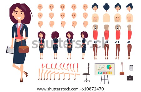 Businesswoman constructor vector illustration. Set includes women faces, legs and arms, stylish haircuts, elegant suit and shoes, casual trousers, accessories, office chair, chart board and character. Businesswoman constructor vector illustration. Set includes women faces, legs and arms, stylish haircuts, elegant suit and shoes, casual trousers, accessories, office chair, chart board and character.