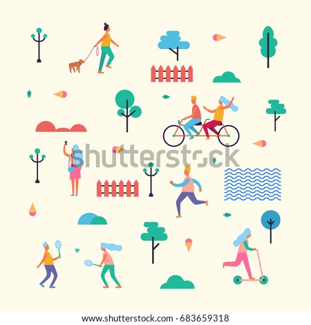 Pattern Made of characters that walk with dog, ride bicycle and scooter, do selfie, jog in morning, play badminton among trees vector illustration. Pattern Made of characters that walk with dog, ride bicycle and scooter, do selfie, jog in morning, play badminton among trees vector illustration.