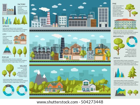 Urban life infographics with industrial area environment in megapolis and village charts and statistics vector illustration Urban life infographics with industrial area environment in megapolis and village charts and statistics vector illustration