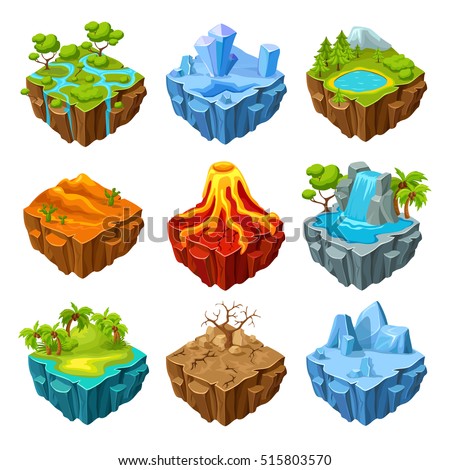 Islands of computer game isometric set with drought trees and mountains volcano and waterfall isolated vector illustration Islands of computer game isometric set with drought trees and mountains volcano and waterfall isolated vector illustration
