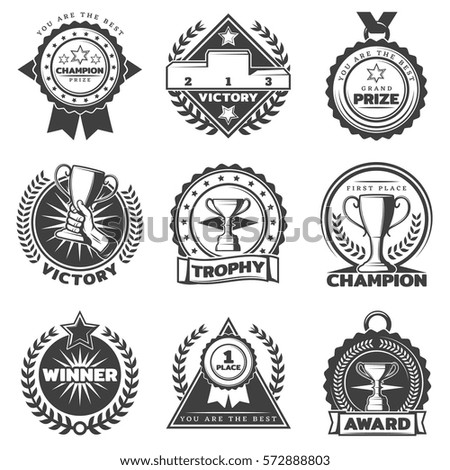 Monochrome sport award labels set with different prizes and rewards in vintage style isolated vector illustration Monochrome sport award labels set with different prizes and rewards in vintage style isolated vector illustration