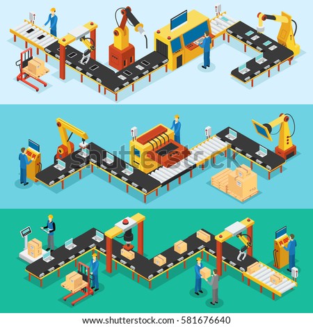 Isometric industrial factory horizontal banners with automated lines of production assembly and packaging processes vector illustration Isometric industrial factory horizontal banners with automated lines of production assembly and packaging processes vector illustration