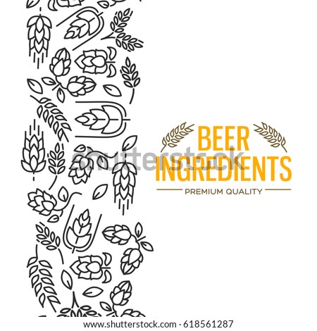 Stylish design card with images to the left of the yellow text beer ingredients of flowers, twig of hops, blossom, malt vector illustration Stylish design card with images to the left of the yellow text beer ingredients of flowers, twig of hops, blossom, malt vector illustration