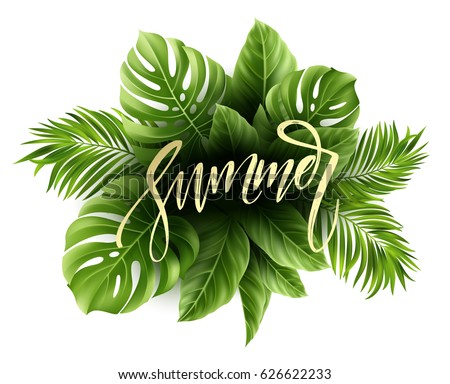 Summer poster with tropical palm leaf and handwriting lettering. Vector illustration EPS10 Summer poster with tropical palm leaf and handwriting lettering. Vector illustration EPS10