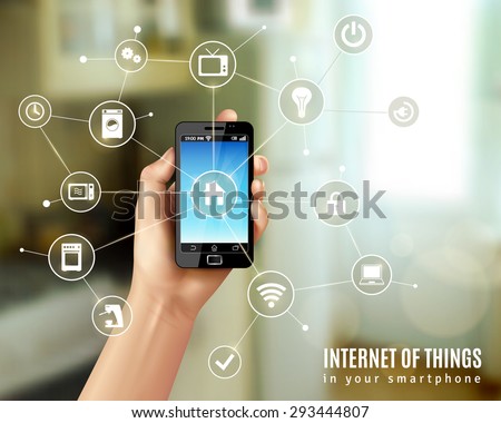 Internet of things concept with realistic human hand holding smartphone vector illustration - stock vector Internet of things concept with realistic human hand holding smartphone vector illustration - stock vector