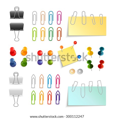 Paper clips binders and pins white black and colored 3d object set isolated vector illustration - stock vector Paper clips binders and pins white black and colored 3d object set isolated vector illustration - stock vector