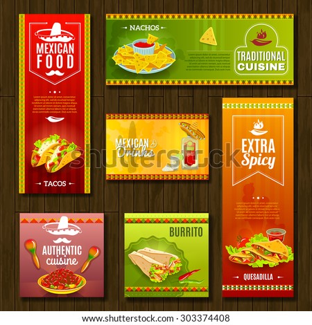 Mexican traditional food cafe restaurant and bar flat bright color banner set isolated vector illustration - stock vector Mexican traditional food cafe restaurant and bar flat bright color banner set isolated vector illustration - stock vector