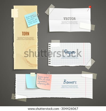 Torn paper lined plaid white yellow clear and folded vertical and horizontal banner set isolated vector illustration - stock vector Torn paper lined plaid white yellow clear and folded vertical and horizontal banner set isolated vector illustration - stock vector