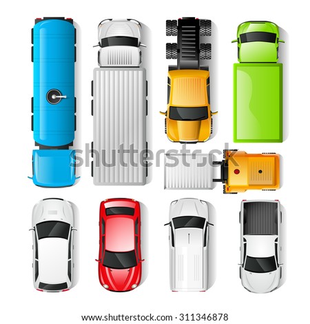 Realistic cars and trucks top view set isolated vector illustration - stock vector Realistic cars and trucks top view set isolated vector illustration - stock vector