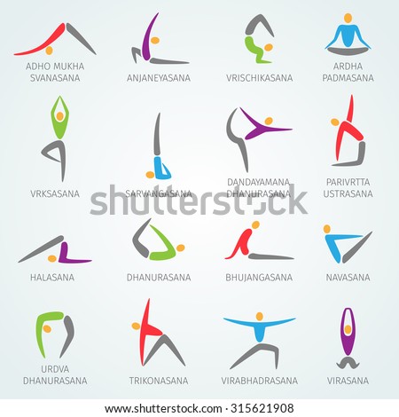 isolated icons  positions names names training  Yoga workout with yoga  positions funny set physical