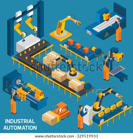 Isometric icons set with robotic machinery and operators of machine with control software vector illustration - stock vector Isometric icons set with robotic machinery and operators of machine with control software vector illustration - stock vector