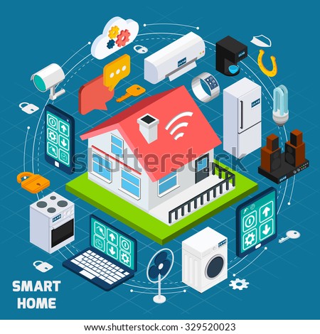 Smart home iot internet of things comfort and security innovative technology concept isometric banner abstract vector illustration - stock vector Smart home iot internet of things comfort and security innovative technology concept isometric banner abstract vector illustration - stock vector
