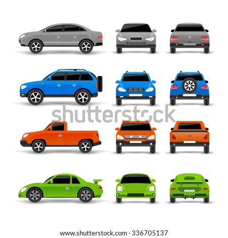 Cars side front and back icons set isolated vector illustration - stock vector Cars side front and back icons set isolated vector illustration - stock vector