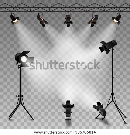 Spotlights realistic transparent background for show contest or interview vector illustration - stock vector Spotlights realistic transparent background for show contest or interview vector illustration - stock vector