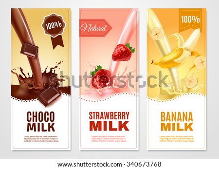 Sweet milk vertical realistic banners set with banana choco and strawberry milk isolated vector illustration - stock vector Sweet milk vertical realistic banners set with banana choco and strawberry milk isolated vector illustration - stock vector