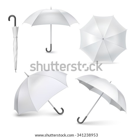 Light gray umbrellas and parasols in various positions open and folded pictograms collection realistic isolated vector illustration - stock vector Light gray umbrellas and parasols in various positions open and folded pictograms collection realistic isolated vector illustration - stock vector